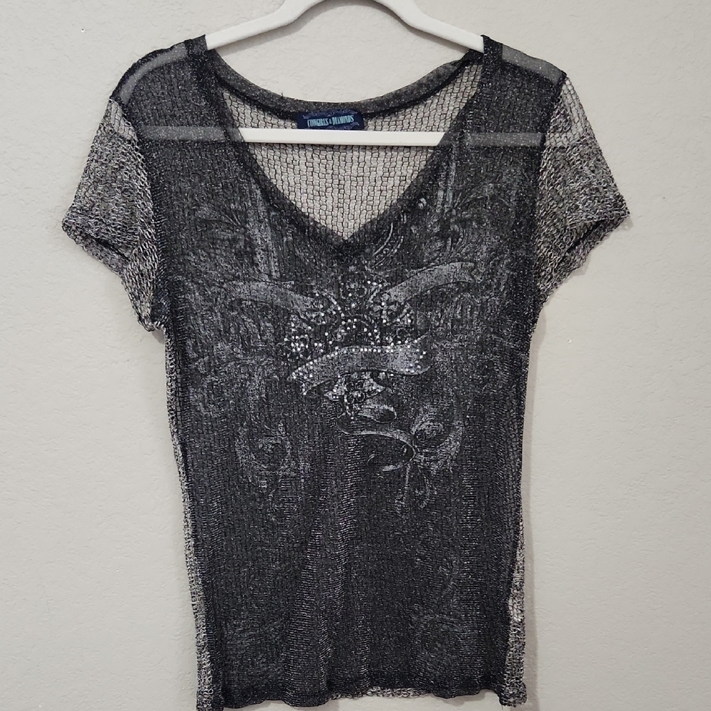 Cowgirls & Diamonds Top Size XL Henley Missing Stones Black Mesh